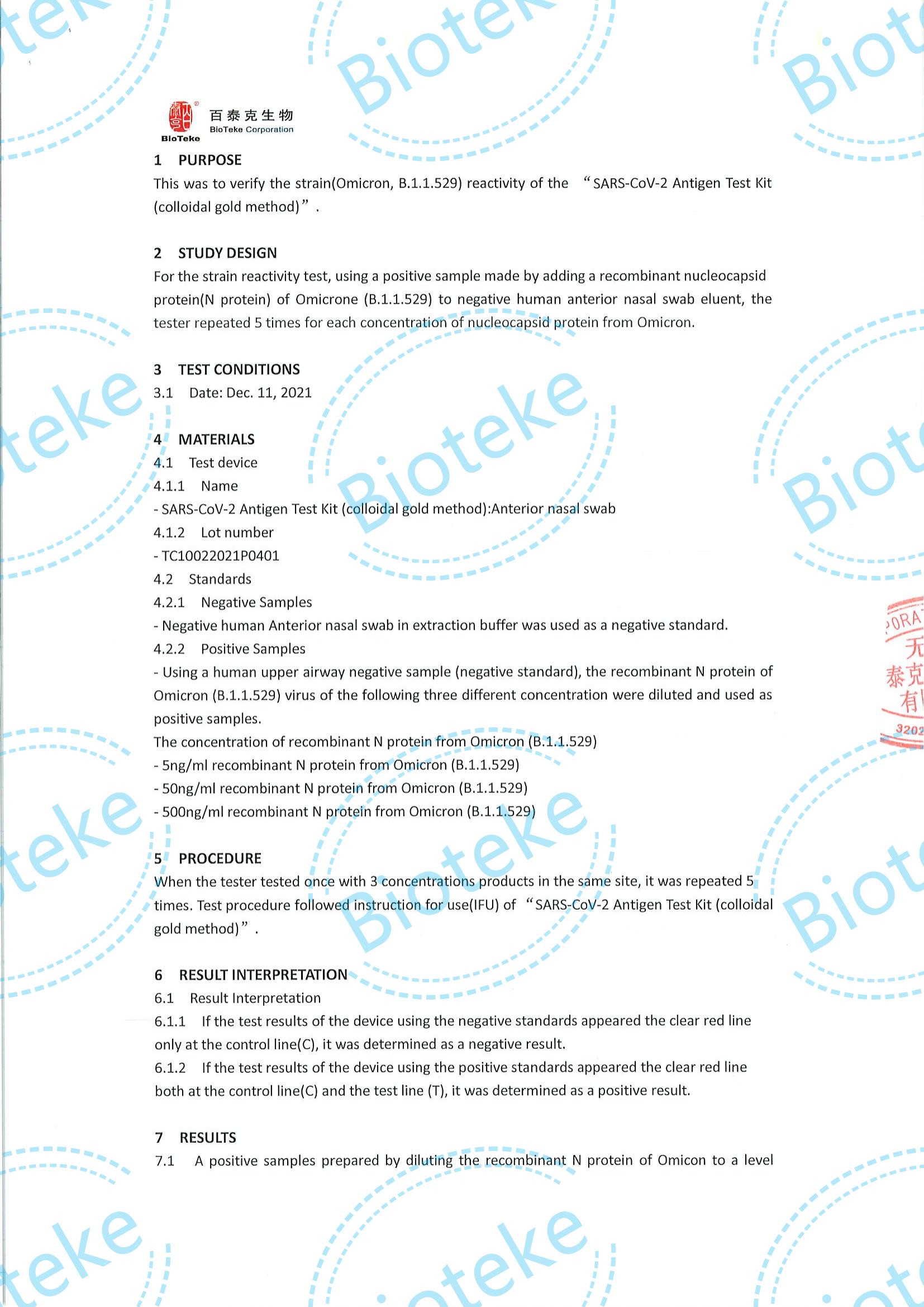 BIOTEKE_SARS-COV-2 Antigen IVD Kit ANTITERIALE TEST TEST Valutazione del ceppo (Omicron) Reattività_01