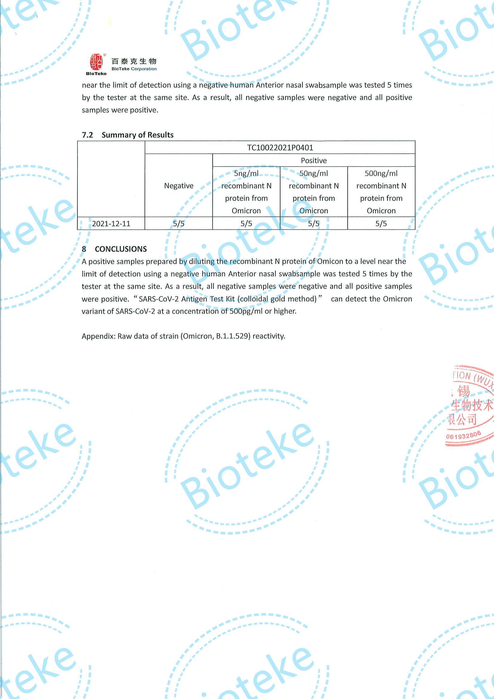 Bioteke_Sars-Cov-2 Antigen IVD Kit ANTITERIAL Test nasale Valutazione del ceppo (Omicron) Reattività_02